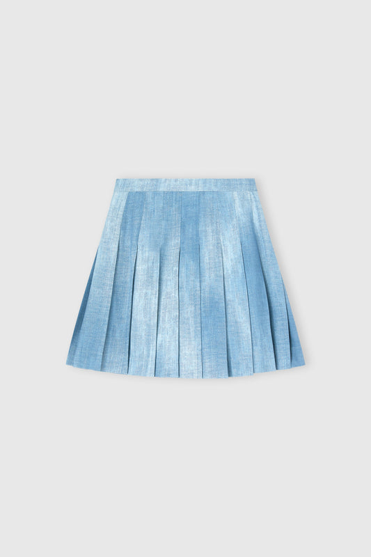 Pleated Mini Skirt in Marocain Jeans Print