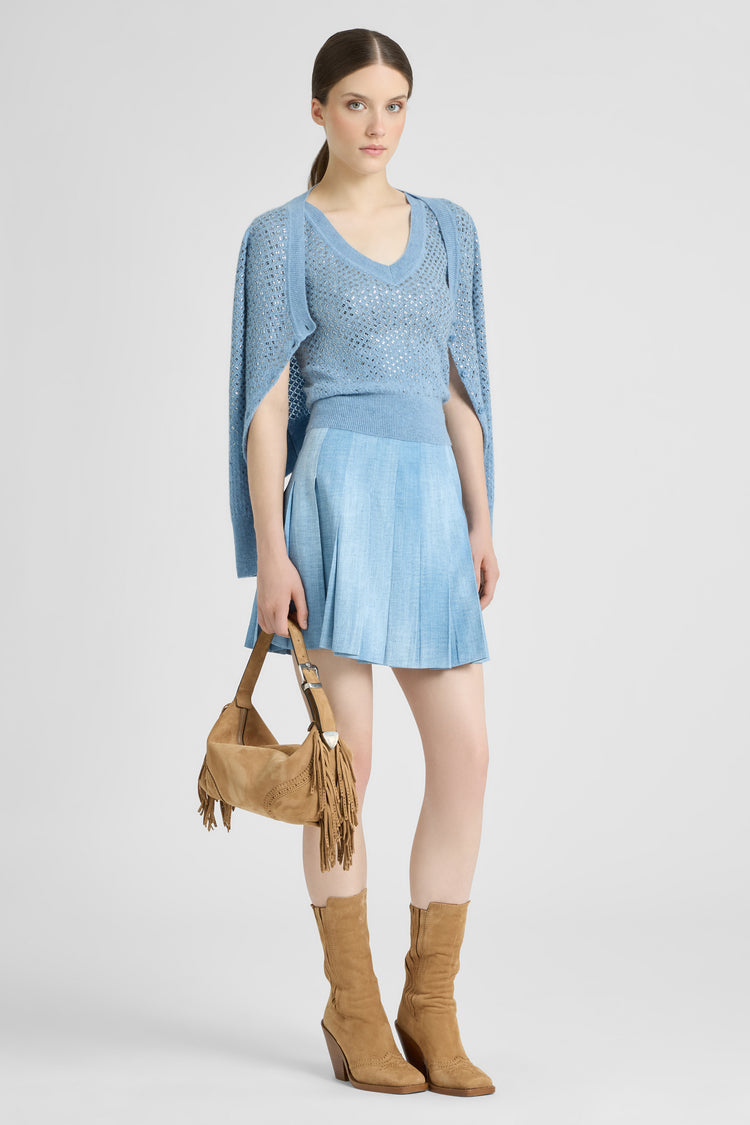 Pleated Mini Skirt in Marocain Jeans Print