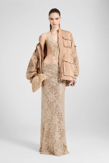 Long spiral skirt in maiolica lace with tone-on-tone hand-applied crystals