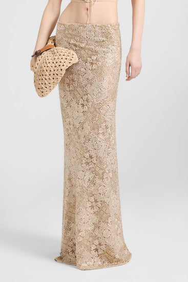 Long spiral skirt in maiolica lace with tone-on-tone hand-applied crystals