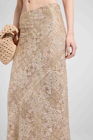 Long spiral skirt in maiolica lace with tone-on-tone hand-applied crystals