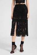 Midi skirt with slits in maiolica lace and crystals