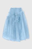Asymmetric balloon skirt in technical denim-blue organza with ruffles