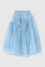 Asymmetric balloon skirt in technical denim-blue organza with ruffles