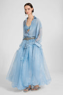 Asymmetric balloon skirt in technical denim-blue organza with ruffles