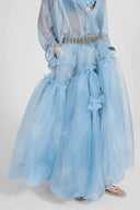 Asymmetric balloon skirt in technical denim-blue organza with ruffles