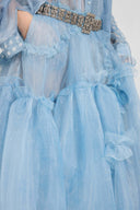 Asymmetric balloon skirt in technical denim-blue organza with ruffles