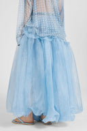Asymmetric balloon skirt in technical denim-blue organza with ruffles