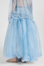 Asymmetric balloon skirt in technical denim-blue organza with ruffles