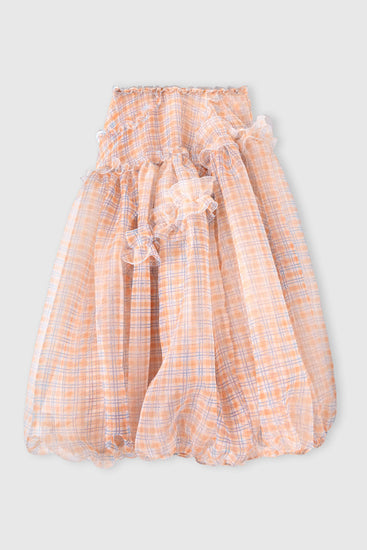 Asymmetric balloon skirt in technical organza with denim-blue and orange check print