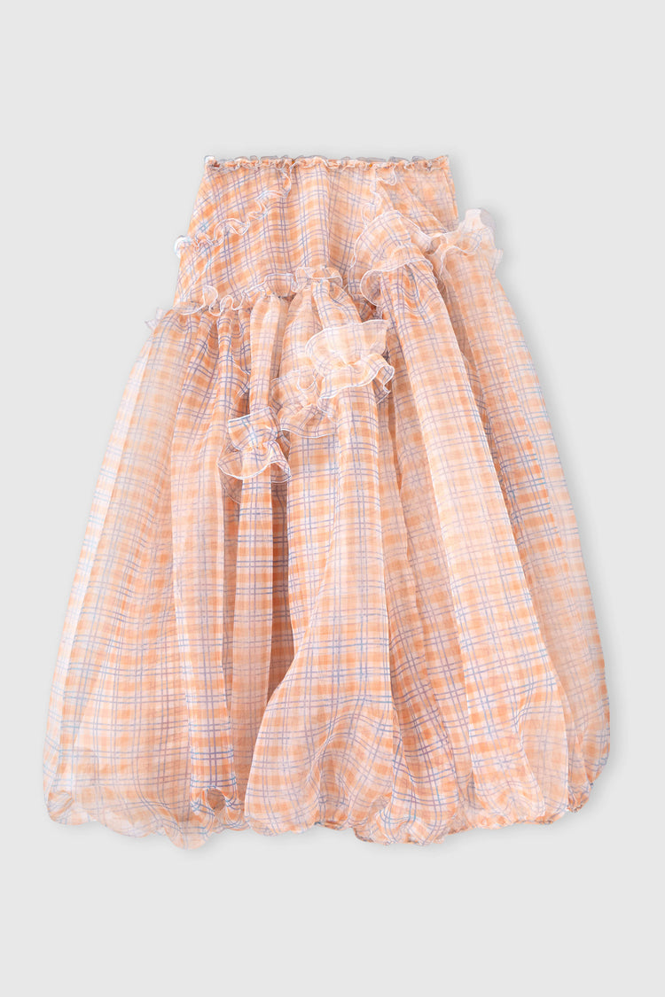 Asymmetric balloon skirt in technical organza with denim-blue and orange check print
