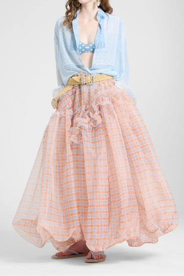 Asymmetric balloon skirt in technical organza with denim-blue and orange check print