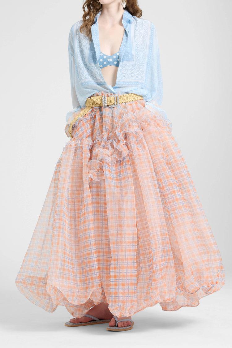 Asymmetric balloon skirt in technical organza with denim-blue and orange check print