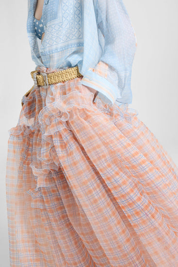 Asymmetric balloon skirt in technical organza with denim-blue and orange check print