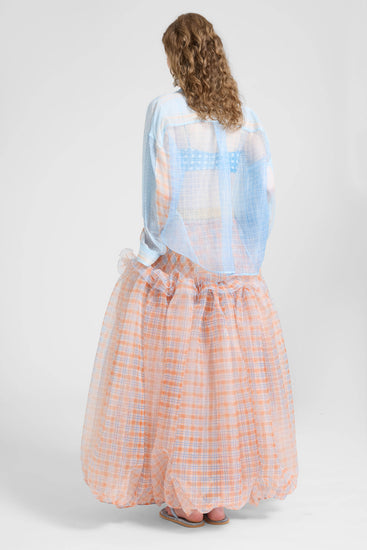 Asymmetric balloon skirt in technical organza with denim-blue and orange check print