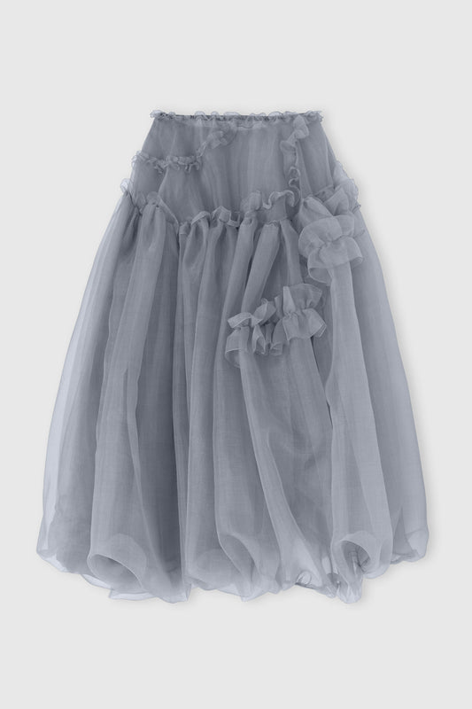 Asymmetric balloon skirt in grey technical organza with Prince of Wales print