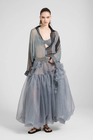Asymmetric balloon skirt in grey technical organza with Prince of Wales print
