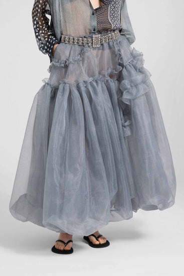 Asymmetric balloon skirt in grey technical organza with Prince of Wales print