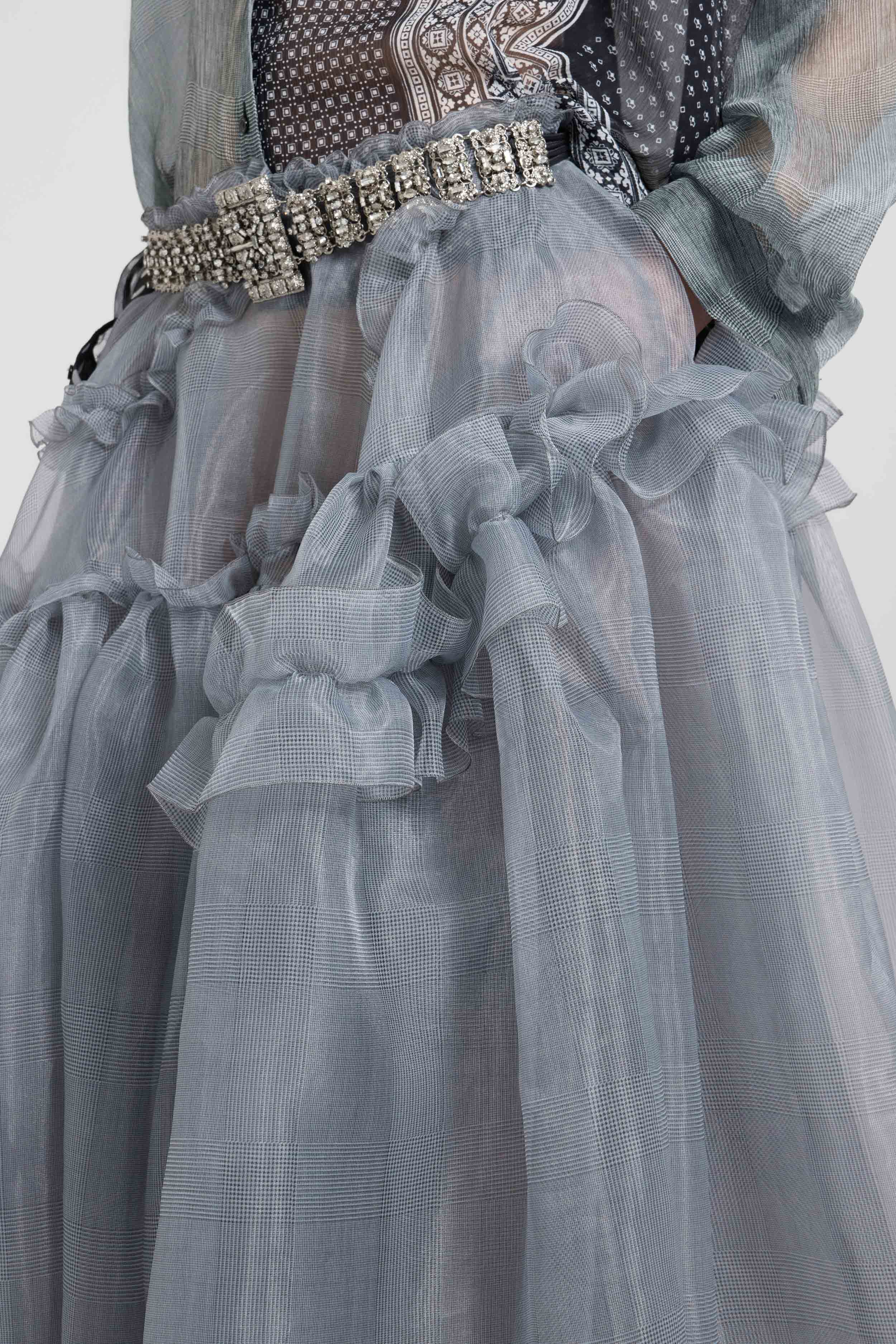 Asymmetric balloon skirt in grey technical organza with Prince of Wale
