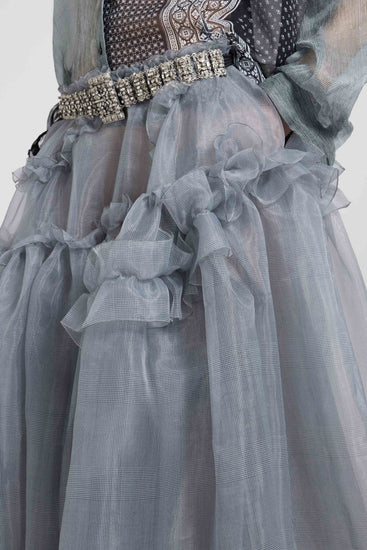 Asymmetric balloon skirt in grey technical organza with Prince of Wales print