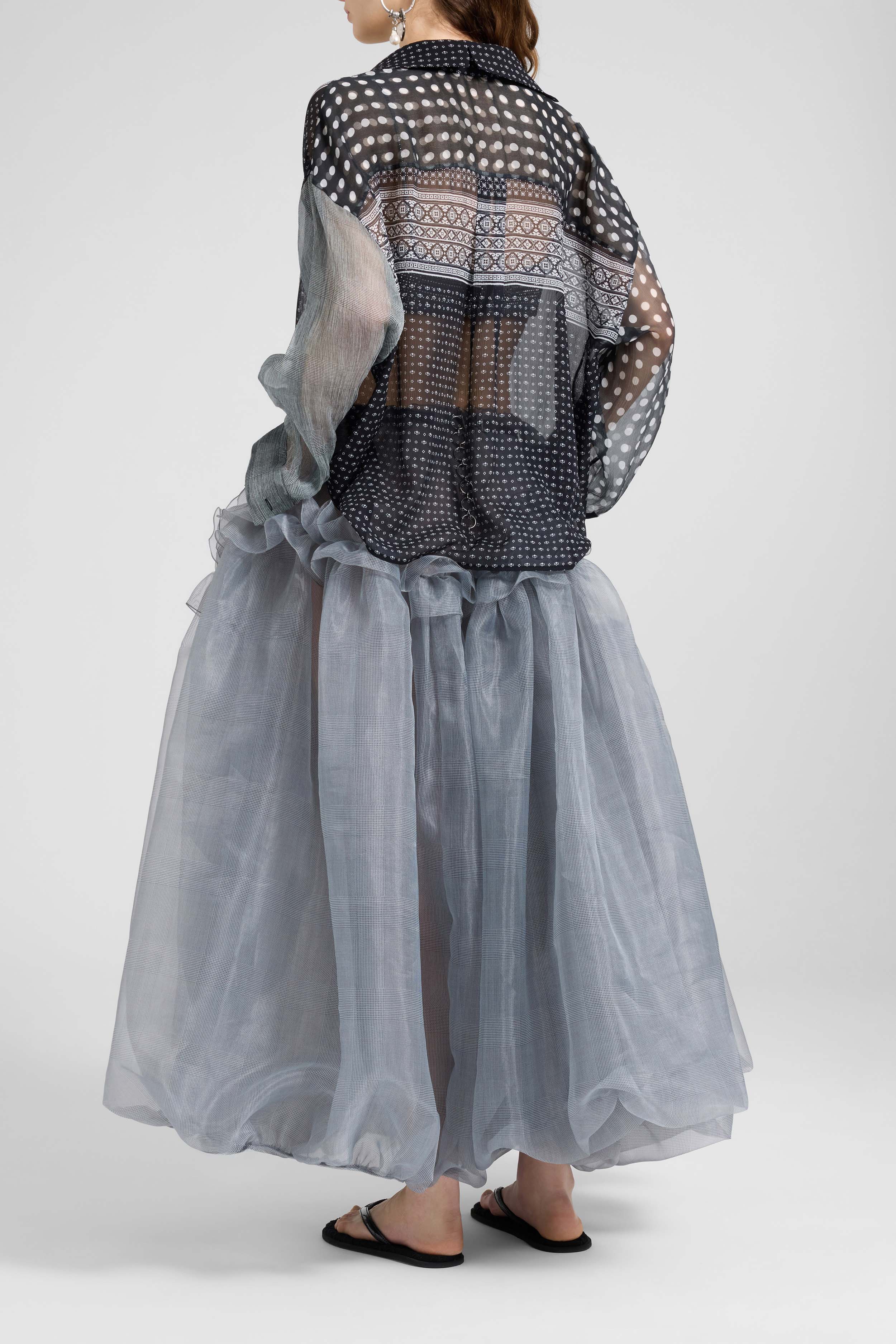 Asymmetric balloon skirt in grey technical organza with Prince of Wale