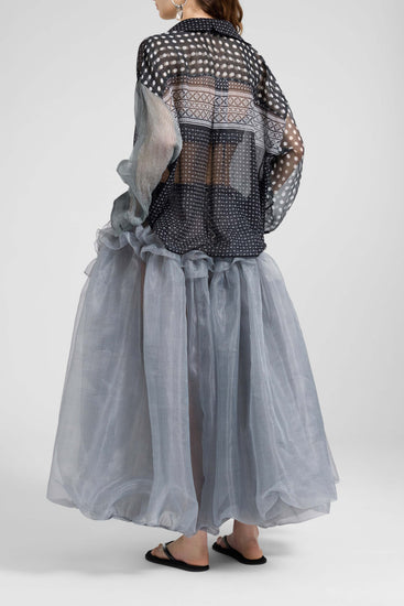 Asymmetric balloon skirt in grey technical organza with Prince of Wales print