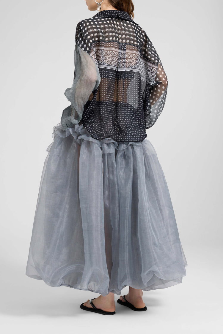 Asymmetric balloon skirt in grey technical organza with Prince of Wales print