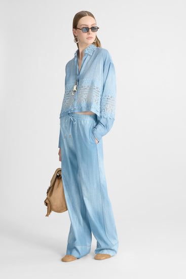Pajama-Style Trousers in Marocain Jeans Print