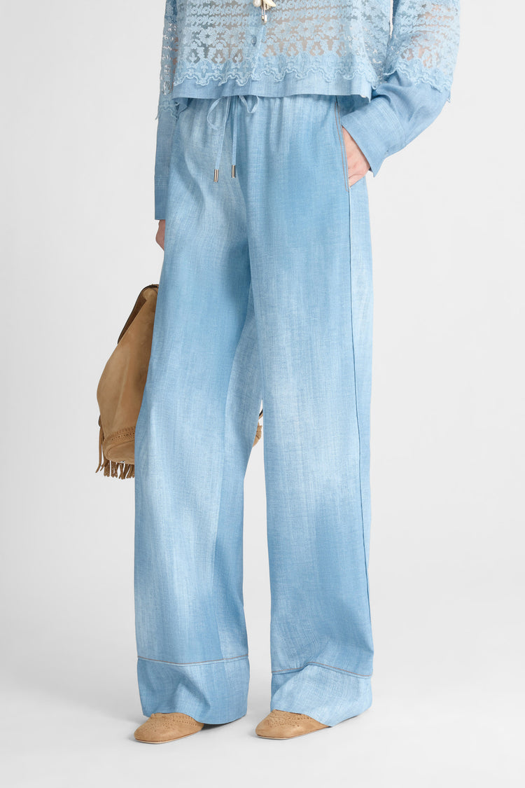 Pajama-Style Trousers in Marocain Jeans Print
