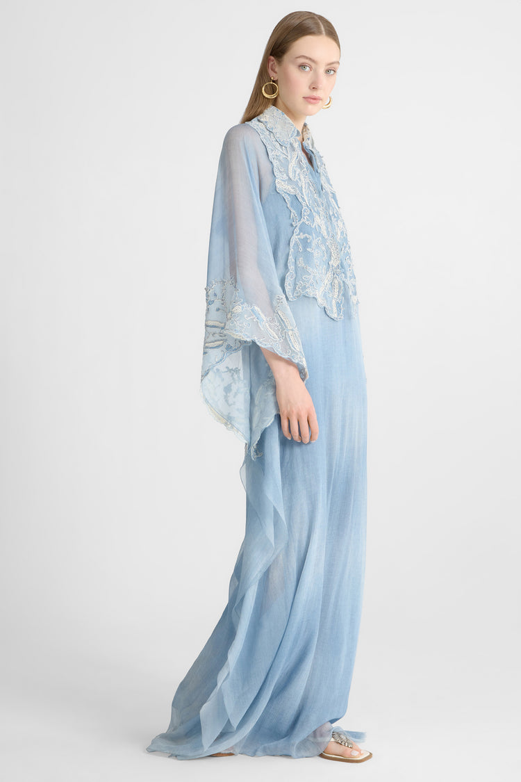 Long Kaftan Dress in Silk Jeans Print with Lace Details
