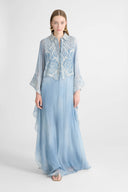 Long Kaftan Dress in Silk Jeans Print with Lace Details