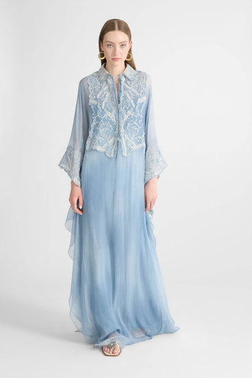 Long Kaftan Dress in Silk Jeans Print with Lace Details