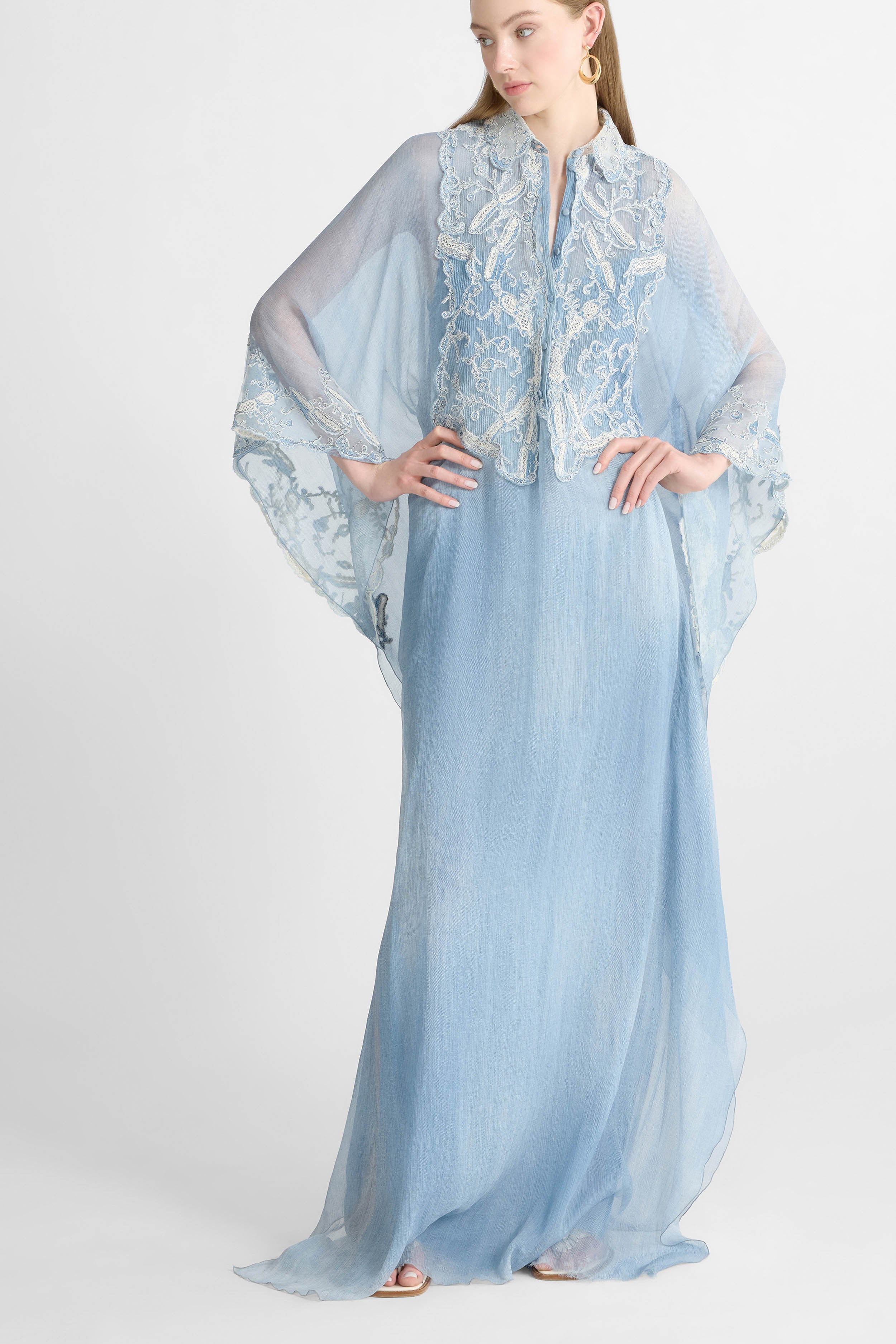 Long kaftan dress in pure silk jeans print with rebrod lace details - Ermanno Scervino Long kaftan dress in pure silk jeans print with rebrod lace details - Ermanno Scervino