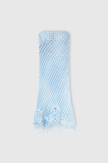 Bustier Dress in Stretch Silk with Vichy Print and Lace