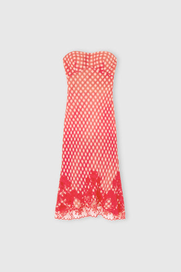 Robe bustier en soie stretch avec imprimé vichy blanc et rouge et dentelle