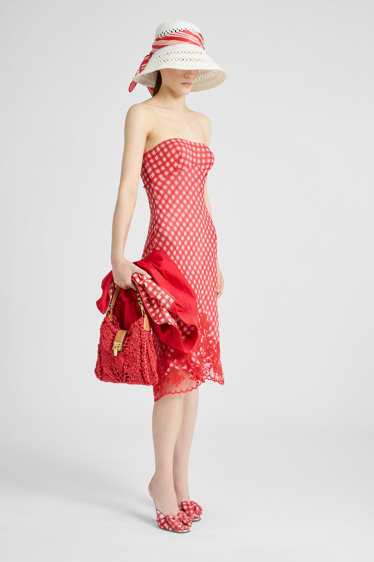 Abito bustier in seta stretch con stampa vichy bianco/rosso e pizzo