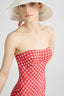 Abito bustier in seta stretch con stampa vichy bianco/rosso e pizzo
