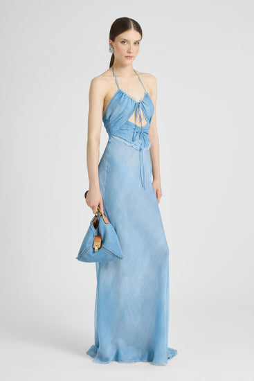 Long Lingerie-Style Dress in Silk Jeans Print with Lace Details