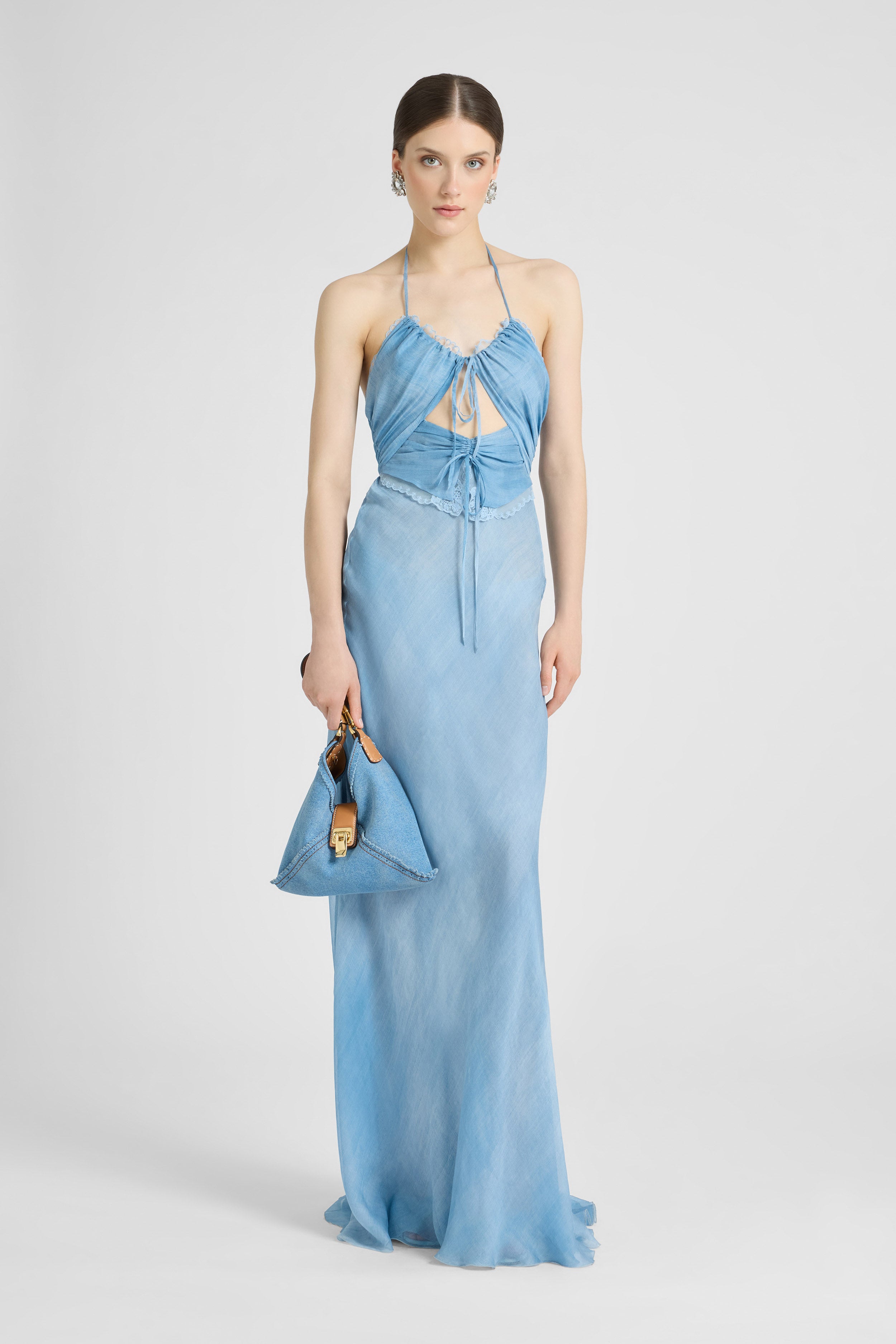Long lingerie-style dress in pure silk jeans print with tone-on-tone lace - Ermanno Scervino Long lingerie-style dress in pure silk jeans print with tone-on-tone lace - Ermanno Scervino