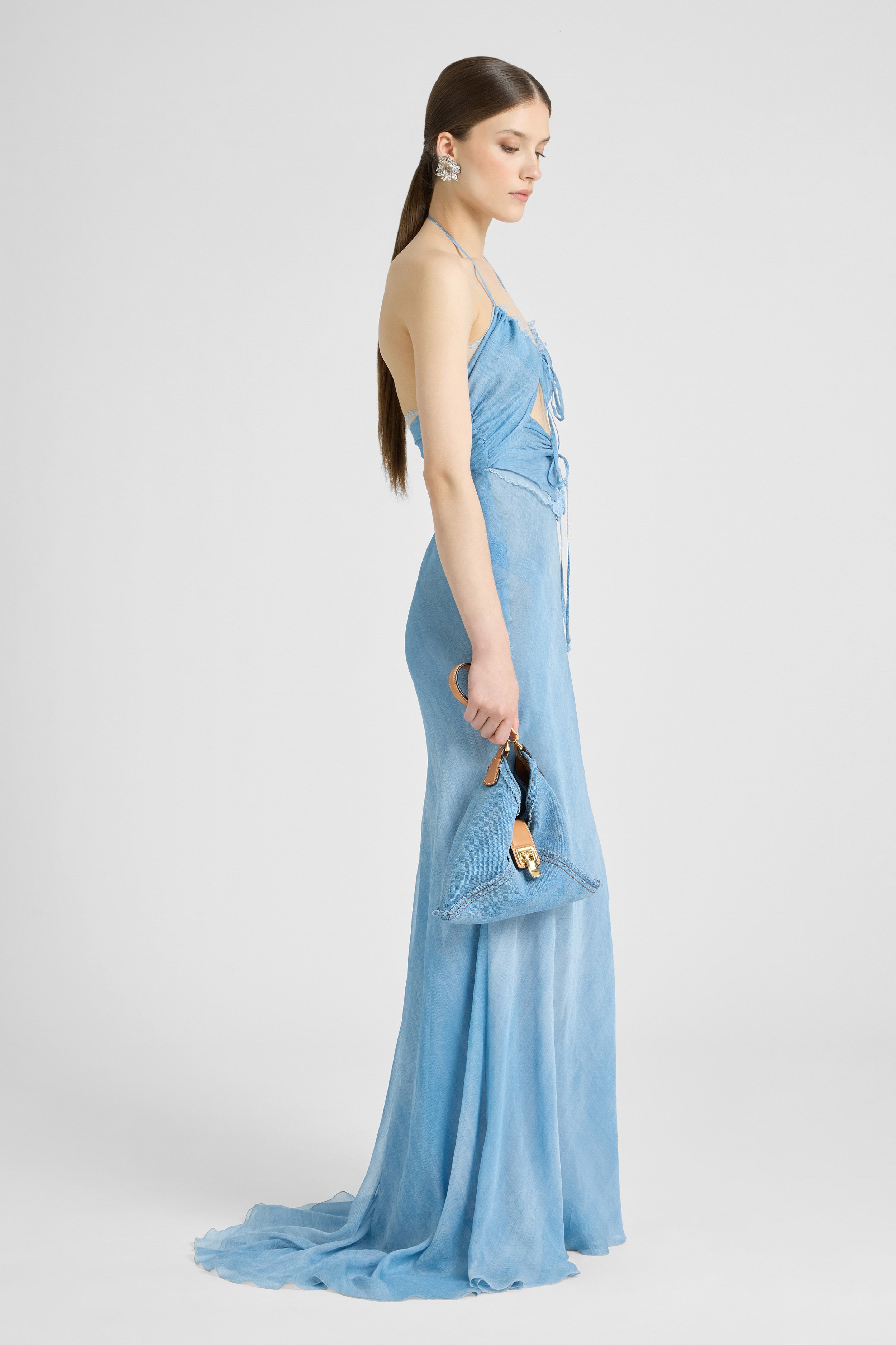 Long lingerie-style dress in pure silk jeans print with tone-on-tone lace