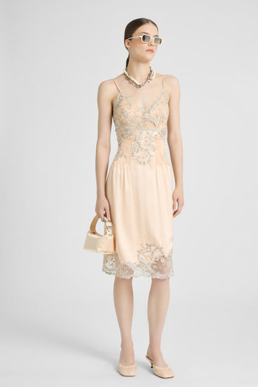 Midi Lingerie-Style Dress in Tulle and Rebrodé Lace