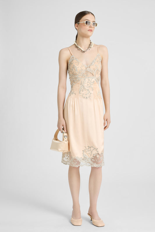 Midi Lingerie-Style Dress in Tulle and Rebrodé Lace