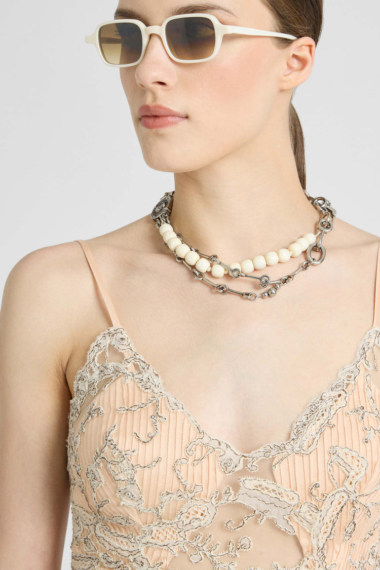 Midi Lingerie-Style Dress in Tulle and Rebrodé Lace