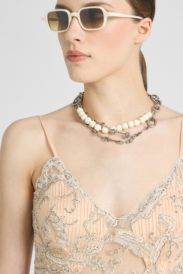 Midi Lingerie-Style Dress in Tulle and Rebrodé Lace