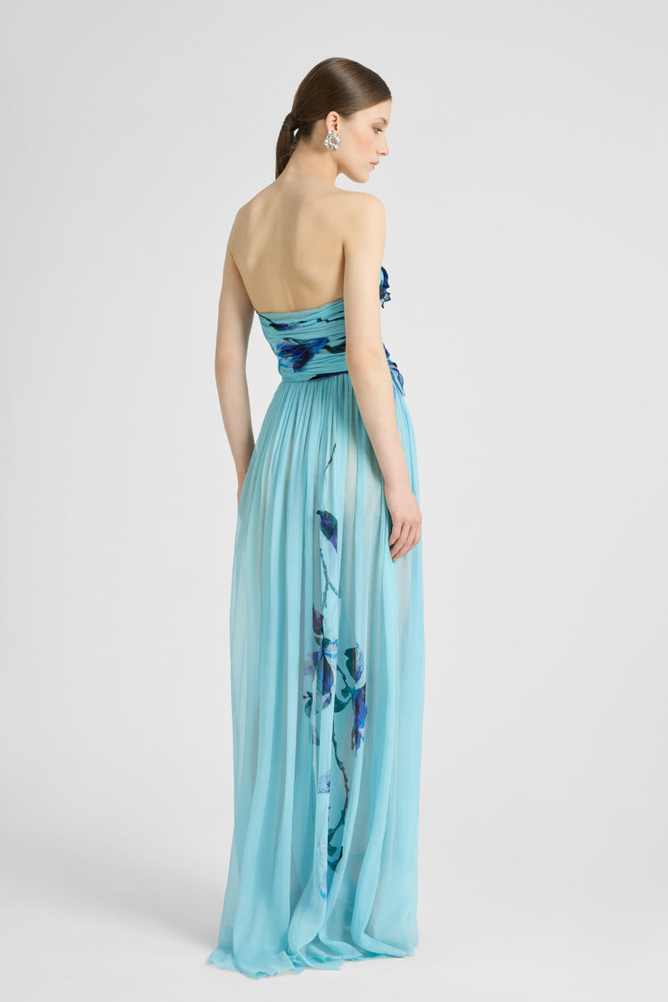 Abito lungo bustier in chiffon di seta con applicazioni floreali