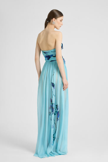 Long Bustier Dress in Silk Chiffon with Floral Applications