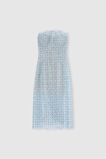 Strapless bustier dress in rhinestones, crystals and rebrodé lace