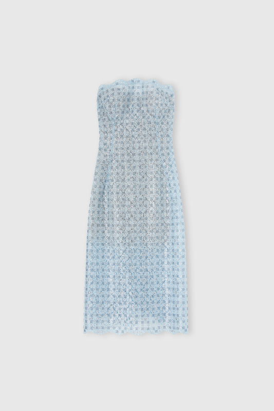 Strapless bustier dress in rhinestones, crystals and rebrodé lace