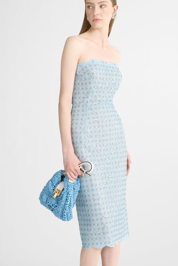 Abito bustier senza spalline in strass, cristalli e pizzo rebrodé