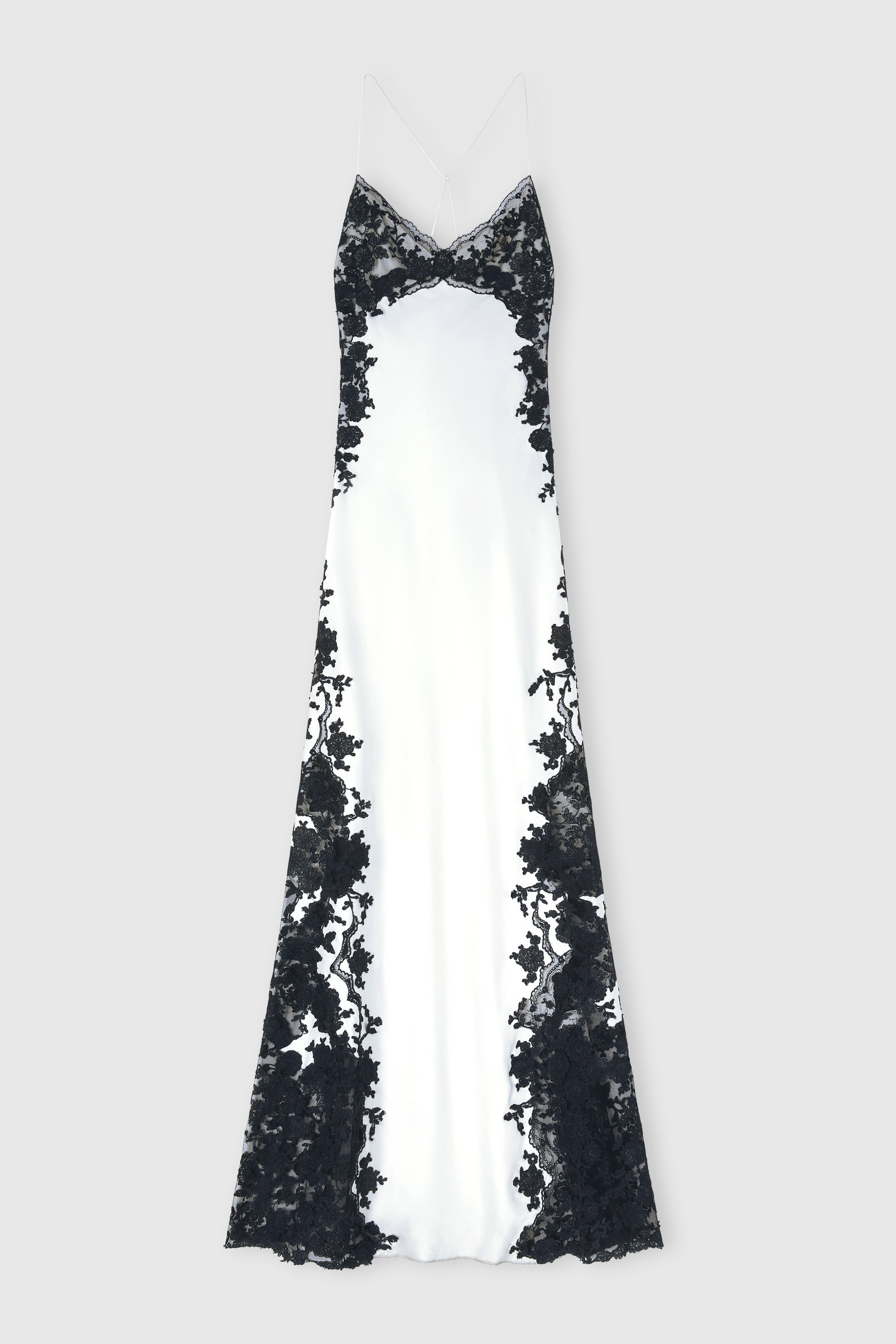 Long lingerie-style dress in silk with black and white lace